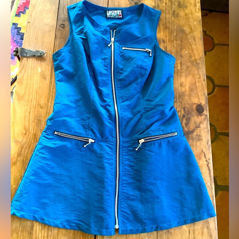 Vintage Lip Service 1990s! Blue shiny iridescent sleeveless LARGE